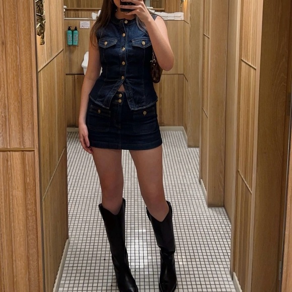 H&M matching dark blue denim mini skirt and fitted top set - Picture 1 of 14
